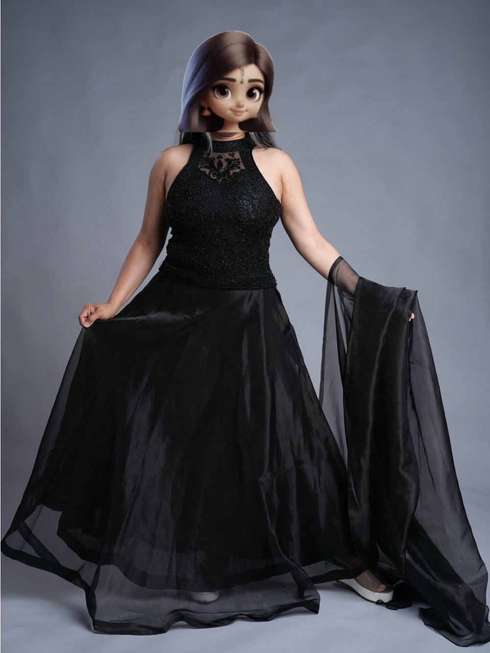 Elegant Black Halter Maxi Skirt with Sheer Overlay